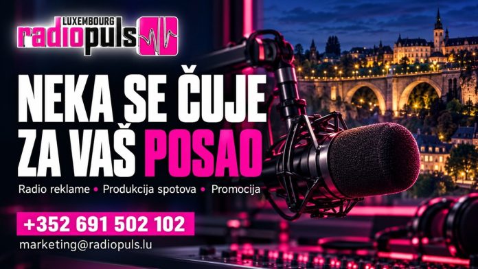 Oglašavanje na Radio Pulsu – studijski mikrofon, logo i kontakt za radio reklame u Luksemburgu