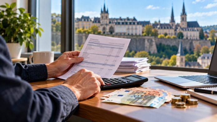 Osoba računa finansije uz platnu listu i evre na stolu, ilustracija