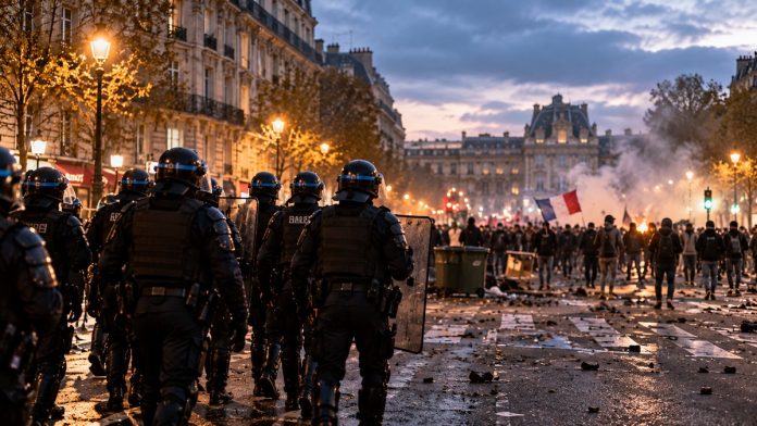 Ilustracija policije i demonstranata na ulici francuskog grada tokom večernjih nereda, bez teksta i logotipa