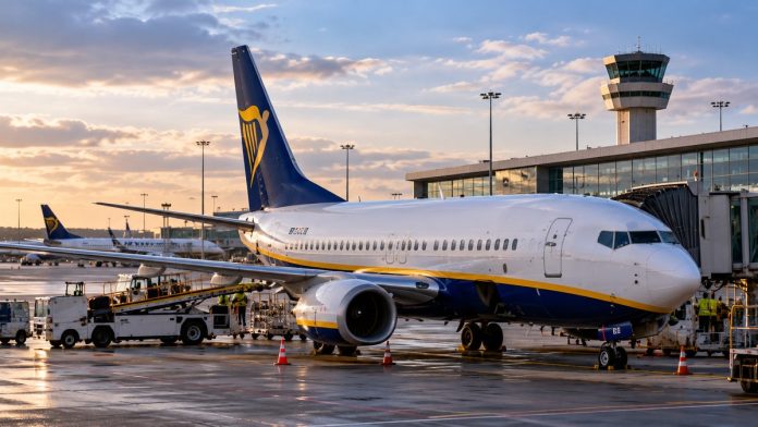 Ilustracija aviona kompanije Ryanair na aerodromu, povodom ukidanja 20 linija iz Belgije