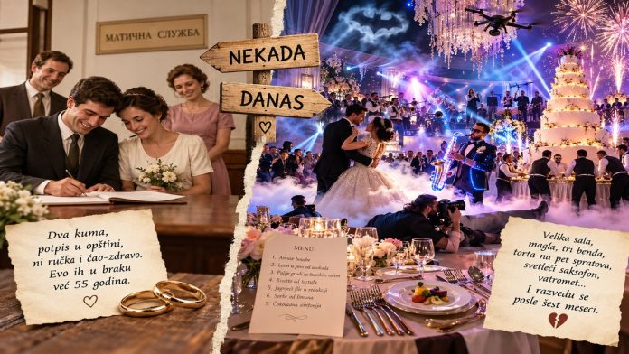 Poređenje skromnog venčanja u opštini i raskošne moderne svadbe sa tortom, maglom i vatrometom